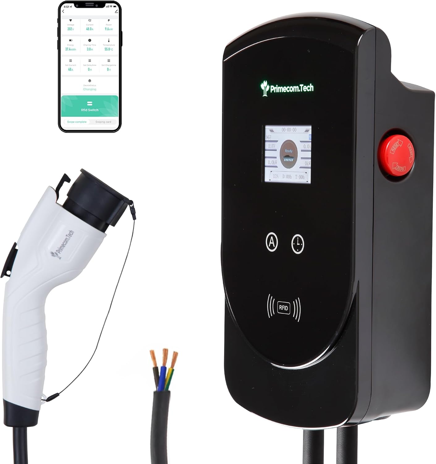 PRIMECOM 80 Amp 22KW 220Volt Level-2 18ft to 50ft Cord Lengths 20X Fast Smart Electric Vehicle EV Charging Station Ford Transit F-150 Lightning Lucid Air Polestar TeslaXS Taycan (25 Feet)