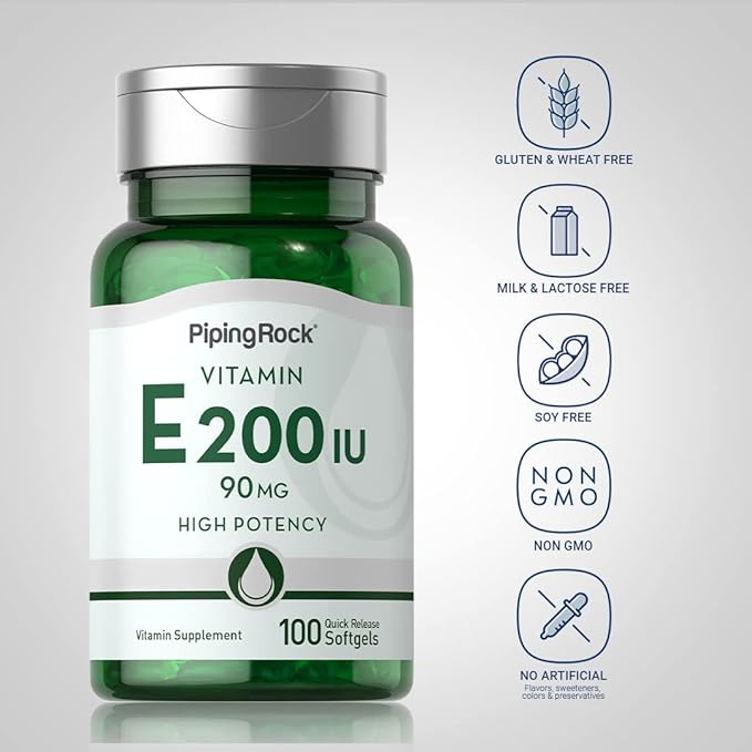 Piping Rock Vitamin E 200 IU | 90mg | 100 Softgel Capsules | High Potency Supplement | Non-GMO, Gluten Free