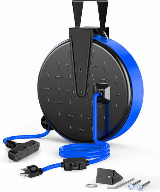 DEWENWILS 30FT Extension Cord Reel, 16/3 Gauge SJTW Power Cord, Retractable Cord Reel with 3 Outlets, Ceiling/Wall Mount for Garage, Workshop, 10A Circuit Breaker, Metal Plate, UL Listed, Blue