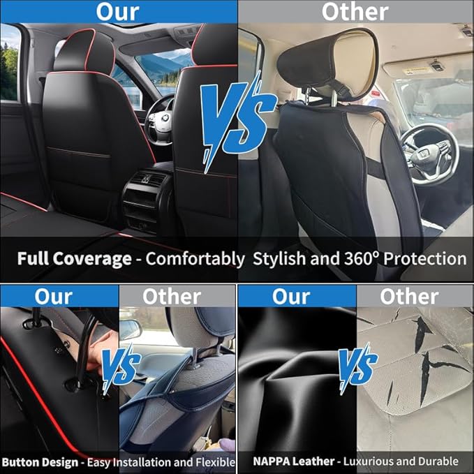 Car Seat Covers Full Set Custom Fit for Ford Fiesta 2011-2019-Luxury Leather with Lumbar Support, Breathable, Waterproof, Anti-Slip, Durable, Easy to Install (Black&Red,Full Set)