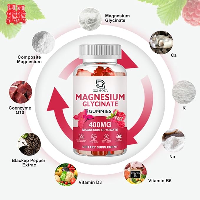 Magnesium Glycinate Gummies 400 mg with 100 mg Composite magnesium - Chelated Magnesium Potassium Supplement with Vitamin D, B6 Supports Calm, Sleep, Memory & Muscle Cramps,Sugar Free - 180 Gummies