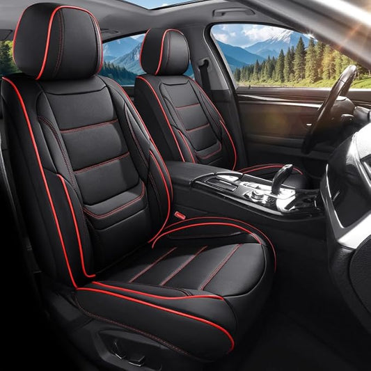 Car Seat Covers Full Set Custom Fit for Ford Escape 2001-2025 2026-Luxury Leather with Lumbar Support, Breathable, Waterproof, Anti-Slip, Durable, Easy to Install (Black&Red,Full Set)