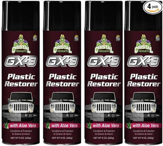 GX-3 Plastic Restorer – Black Plastic Restorer for Cars & Automotive Trim Restorer – Interior Car Cleaner & Exterior Faded Plastic, Vinyl & Rubber Renewer with Aloe Vera 4PK (8 fl oz)