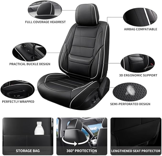 Car Seat Covers Full Set Custom Fit for Buick Regal 2009-2020-Luxury Leather with Lumbar Support, Breathable, Waterproof, Anti-Slip, Durable, Easy to Install (Black&White,Full Set)