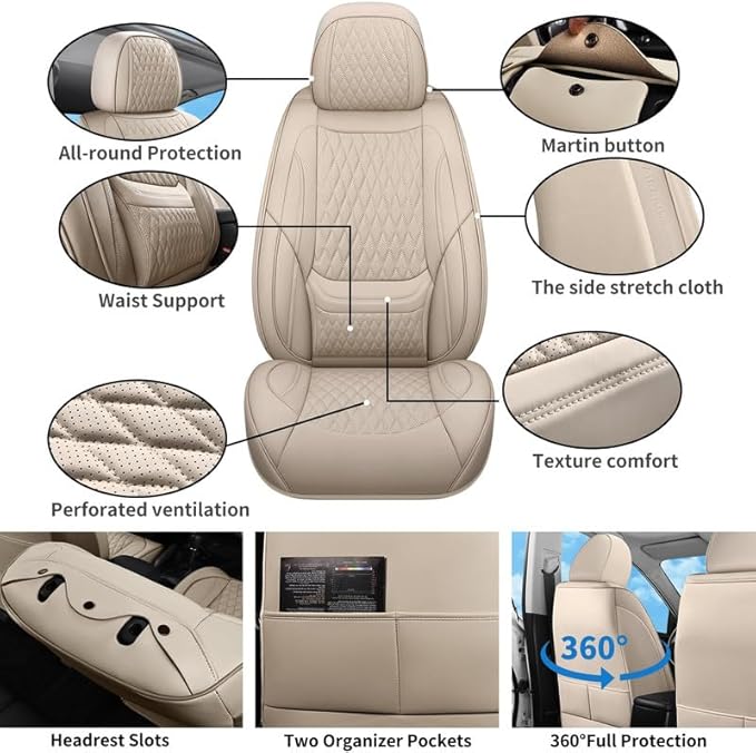 Car Seat Covers Full Set Custom Fit for Chevrolet/Chevy Bolt 2016-2026 - Premium Faux Leather with Lumbar Support | Breathable, Waterproof, Anti-Slip, Durable (Beige,Full Set)