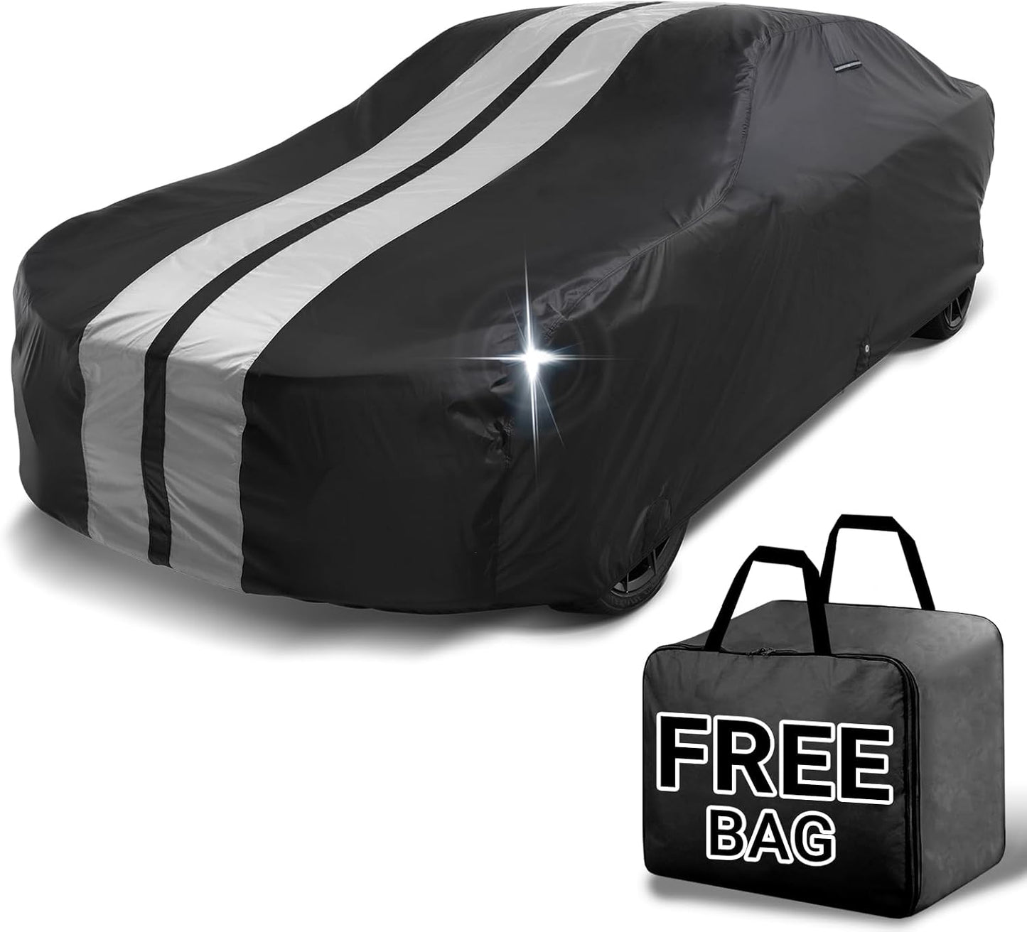 iCarCover Custom Car Cover for Chevy Malibu (1964-1972) Waterproof All Weather Rain Snow UV Sun Protector Full Exterior Indoor Outdoor Car Cover (Stripe - Black/Gray)