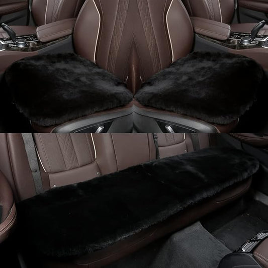 Genuine Sheepskin Auto Seat Pad, Australian Soft Wool Seat Cover Breathable and Sweat-Wicking Universal Fit (Front seat Cushion 2pcs & Rear seat Cushion 1pc, Black)