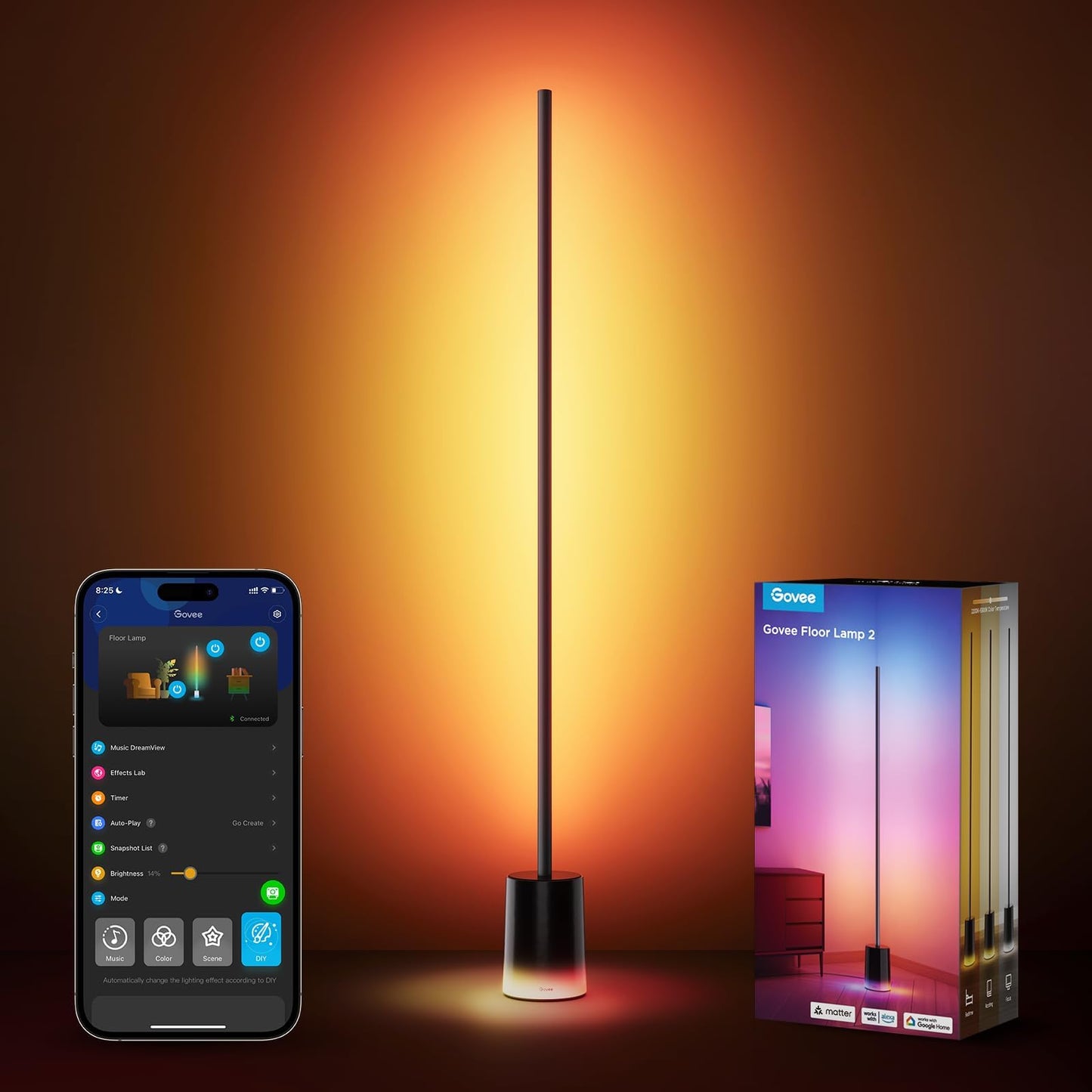 Govee Floor Lamp 2 with Matter, RGBIC, Warm Cool White LED, Alexa Compatible, 1725lm, Music Sync, Scene Modes, Smart Floor Lamp for Living Room, Bedroom, Black(1 Pack)