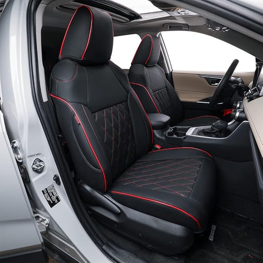 EKR Rav4 Seat Covers Custom Fit for Toyota Rav4 (Hybrid) SE/XSE & (PHEV) GR Sport 2026, Car Seat Cover Full Set for SUV,Factory-Style Upgrade, Easy-Wipe Protection,Faux Leather(Black with Red Piping)