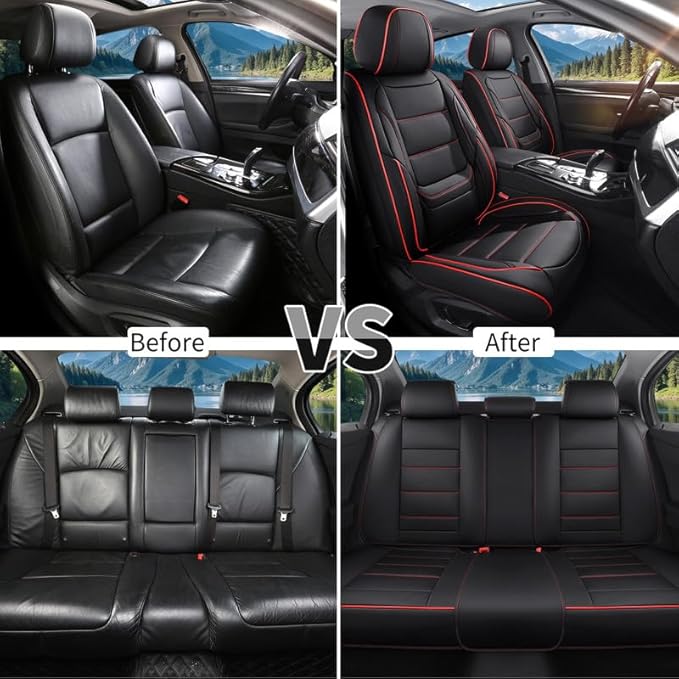Car Seat Covers Full Set Custom Fit for Mercury Grand Marquis 1995-2011-Luxury Leather with Lumbar Support, Breathable, Waterproof, Anti-Slip, Durable, Easy to Install (Black&Red,Full Set)
