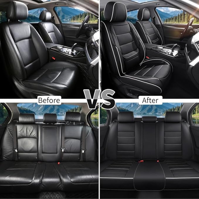 Car Seat Covers Full Set Custom Fit for Mercury Milan 2006-2011-Luxury Leather with Lumbar Support, Breathable, Waterproof, Anti-Slip, Durable, Easy to Install (Black&White,Full Set)