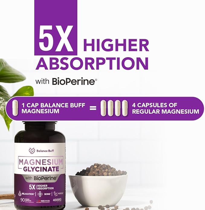 Magnesium Glycinate 400mg with Bioperine - 5X Higher Absorption - Support Stress Relief, Sleep, Bone Health - 100% Chelated - Pure Magnesium Supplement - 90 Veggie Capsules