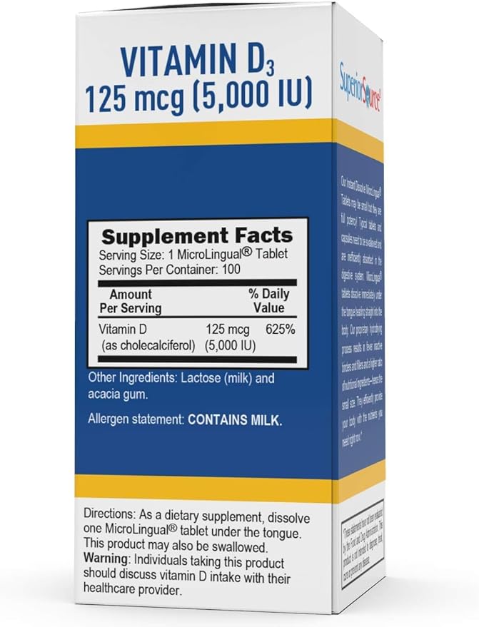 Superior Source Vitamin D3 5000 IU - Offers Immune System, Brain & Nervous System Support - Aids Calcium Absorption for Teeth & Bone Health - Bariatric Friendly - 100 Sublingual Dissolving Tablets