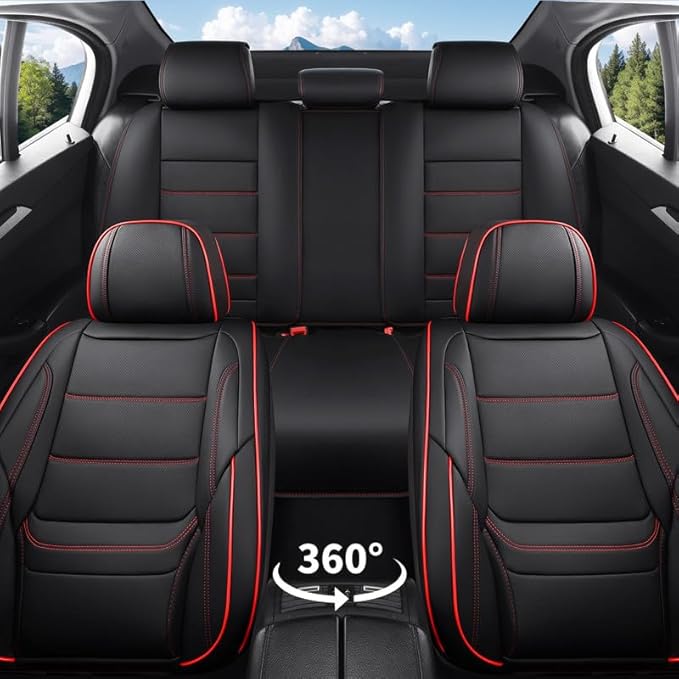 Car Seat Covers Full Set Custom Fit for Mercury Grand Marquis 1995-2011-Luxury Leather with Lumbar Support, Breathable, Waterproof, Anti-Slip, Durable, Easy to Install (Black&Red,Full Set)