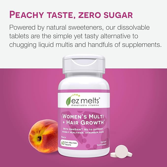 EZ Melts Dissolvable Women’s Multivitamin + Hair Growth with Biotin, Bamboo Extract & Clinically Studied AnaGain Nu, Supports Visibly Healthier, Stronger Hair, Sugar-Free Peach Flavor, 1-Month