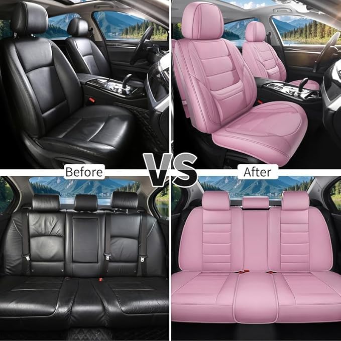 Car Seat Covers Full Set fit for Chevrolet/Chevy HHR 2006-2011 , Premium Faux Leather Waterproof Car Seat Protectors with Lumbar Support, Breathable Anti-Slip Auto Seat Covers Full Set(Pink,Full set)