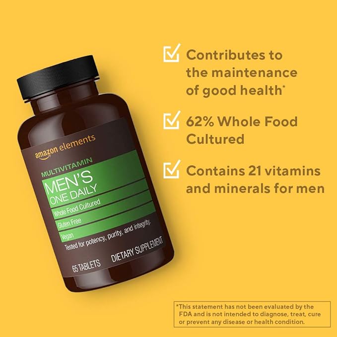 Amazon Elements Men’s One Daily Multivitamin, 62% Whole Food Cultured, Vegan, 65 Tablets, 2 month supply (Packaging may vary)