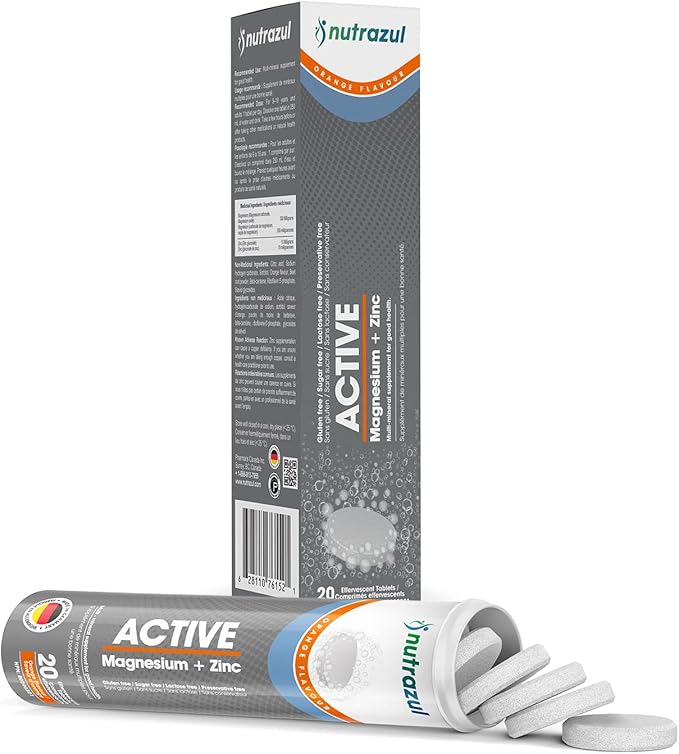 Nutrazul Active Magnesium and Zinc Effervescent Tablets | 20 Tablets | Magnesium Supplements for Muscle Recovery & Electrolyte Balance | Orange Flavor