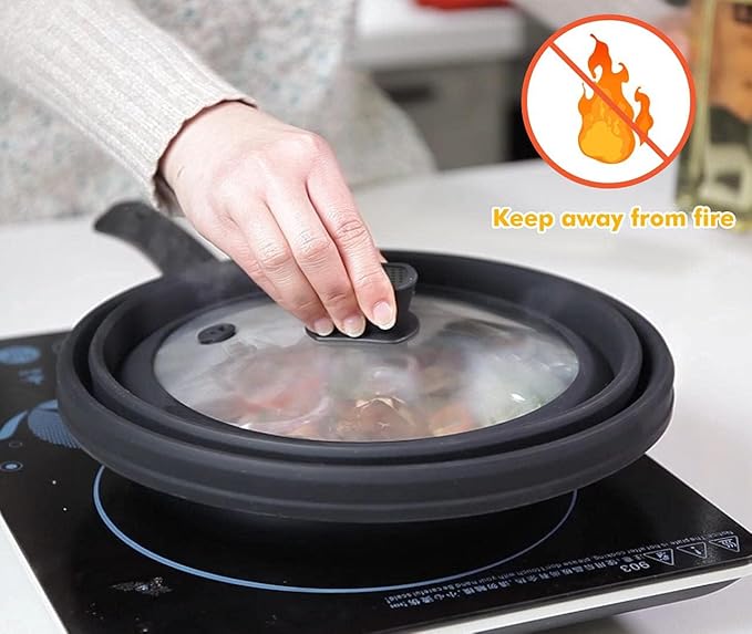 Tall Microwave Splatter Cover Glass Cover Guard Lid 5.8 inch Height with Collapsible Silicone for Food Pot Plate 8.5 inch Black