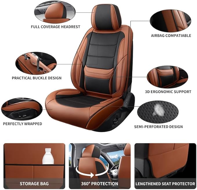Car Seat Covers Full Set Custom Fit for Mercury Mariner 2005-2011-Luxury Leather with Lumbar Support, Breathable, Waterproof, Anti-Slip, Durable, Easy to Install (BlackBrown,Full Set)