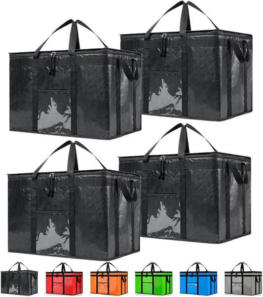 NZ home Insulated Bags for Food Delivery (3XL PRO) Grocery Shopping Cooler Bag, Pizza Delivery, Hot & Cold Catering Tote, Reusable, Foldable & Heavy Duty (4 Pack, Black)