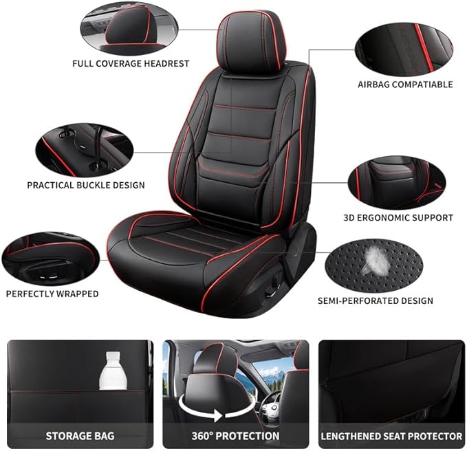 Car Seat Covers Full Set Custom Fit for Ford Fiesta 2011-2019-Luxury Leather with Lumbar Support, Breathable, Waterproof, Anti-Slip, Durable, Easy to Install (Black&Red,Full Set)