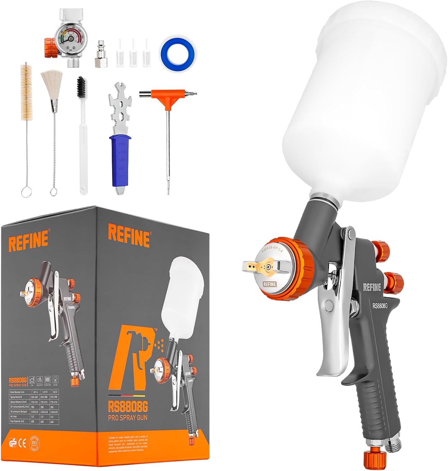 REFINE Air Spray Gun, Auto Paint Gun with 1.4mm Nozzle, Easy to Use Gravity Feed Paint Spray Gun, Professional Auto Body Paint Sprayer for Cars, House, Furniture Painting with Air Pressure Gauge