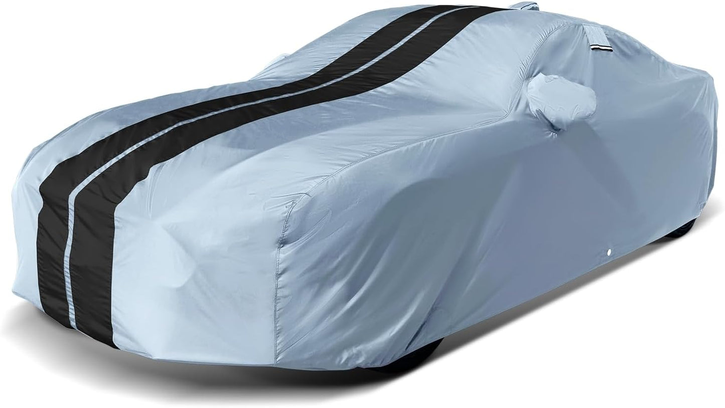iCarCover Custom Car Cover for Pontiac Lemans Sedan (1988-1993) Waterproof All-Weather Rain Snow UV Sun Protector Full Exterior Indoor Outdoor Car Cover (Stripe - Gray/Black)