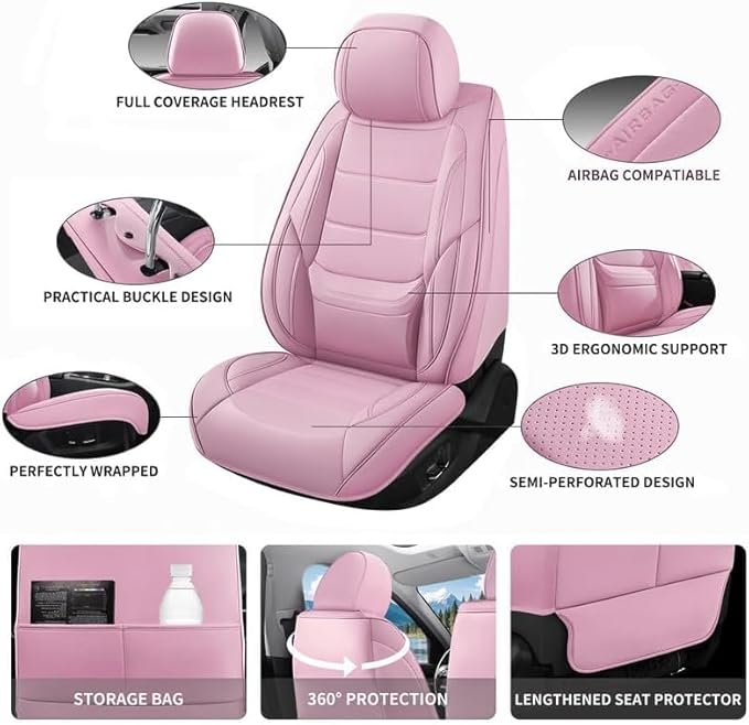 Car Seat Covers Full Set Fit for Buick Regal 2009-2020, Premium Faux Leather Waterproof Car Seat Protectors with Lumbar Support, Breathable Anti-Slip Easy to Install(Pink,Full Set)
