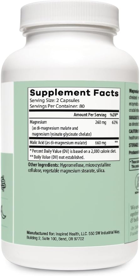 LUMINSPIRED HEALTH High Absorption (Magnesium Glycinate) 260mg - Magnesium Supplement for Muscle Relaxation, Bone Health & (Heart Health) - 160 Vegan Capsules, Non-GMO, Gluten-Free