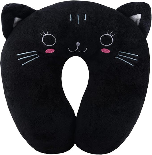 Travel Pillow for Kids, Cute Animal Neck Pillow Support U Shaped Cushion Plush Soft Rest Reading Pillows Sleeping Pillows for Airplane Train Car (Color:Black cat)