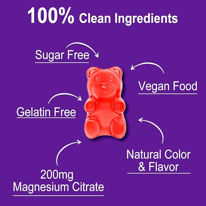 Magnesium Citrate Gummies, High Absorption Magnesium Gummies for Adults, Muscle & Teeth Support, 60 Vegan Natural Raspberry Gummies