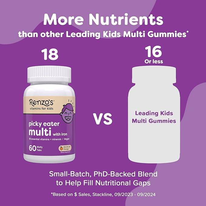 Renzo's Picky Eater Kids Multivitamin with Iron, Dissolving Kids Vitamins with Vitamin D3 and K2 and More, 60 Sugar-Free Melty Tabs, Oh-Oh-Oh Orange Flavor