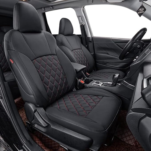 coverdream Forester Car Seat Covers Custom Fit for 2009-2013 Subaru Forester Seat Covers,Rear Seat Without Cup Holder,Full Coverage Waterproof Leather Seat Protector(Full Set,Black/Red)