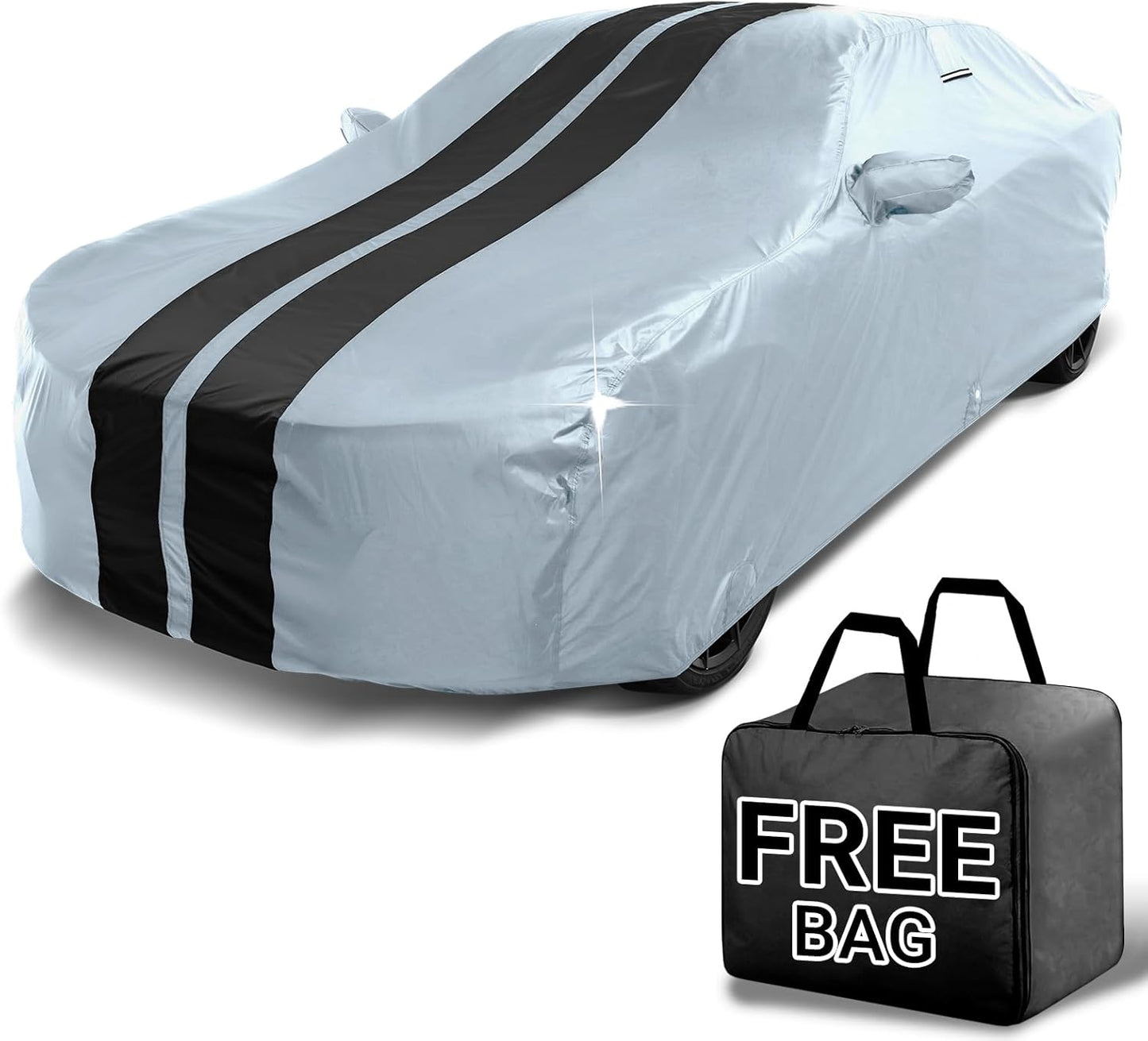 iCarCover Custom Car Cover for Chevy Aveo Sedan (2004-2022) Waterproof All Weather Rain Snow UV Sun Protector Full Exterior Indoor Outdoor Car Cover (Stripe - Gray/Black)