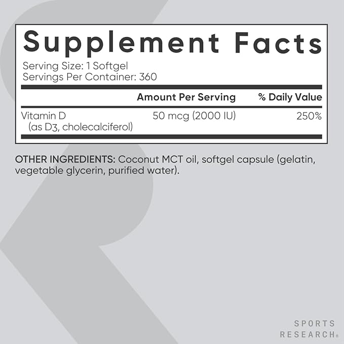 Sports Research Vitamin D3 2000 IU with Coconut MCT Oil - High Potency Vitamin D Supplement for Immune & Bone Support - Non-GMO Verified, Gluten & Soy Free – 50mcg, 360 Liquid Softgels