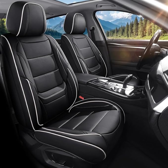 Car Seat Covers Full Set Custom Fit for Mercury Milan 2006-2011-Luxury Leather with Lumbar Support, Breathable, Waterproof, Anti-Slip, Durable, Easy to Install (Black&White,Full Set)