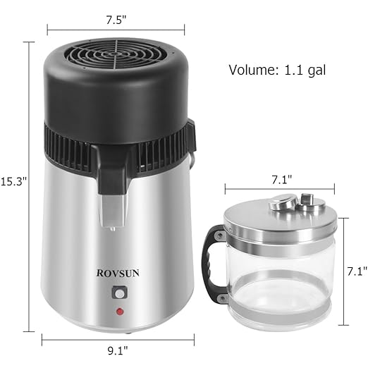 ROVSUN【Upgraded】 1.1 Gallon/4L Countertop Water Distiller Stainless Steel for Home, 750W Distilled Water Machine Maker Water Distillers with Glass Container, 1L/H, Silver