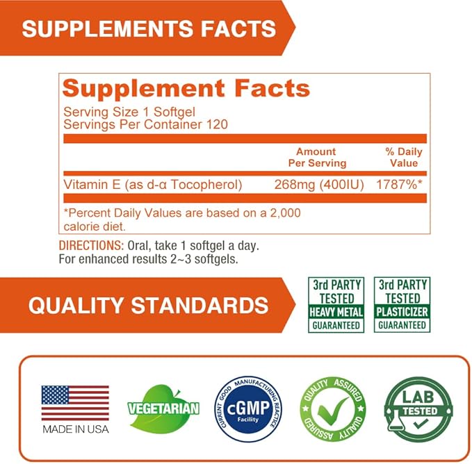 Lovita Vitamin E 400 IU Softgels, Natural Vitamin E 268 mg (as D Alpha Tocopherol), Vegan Vitamin E for Healthy Skin, Hair, Nails & Immune System Support, 120 Vegetarian Softgels