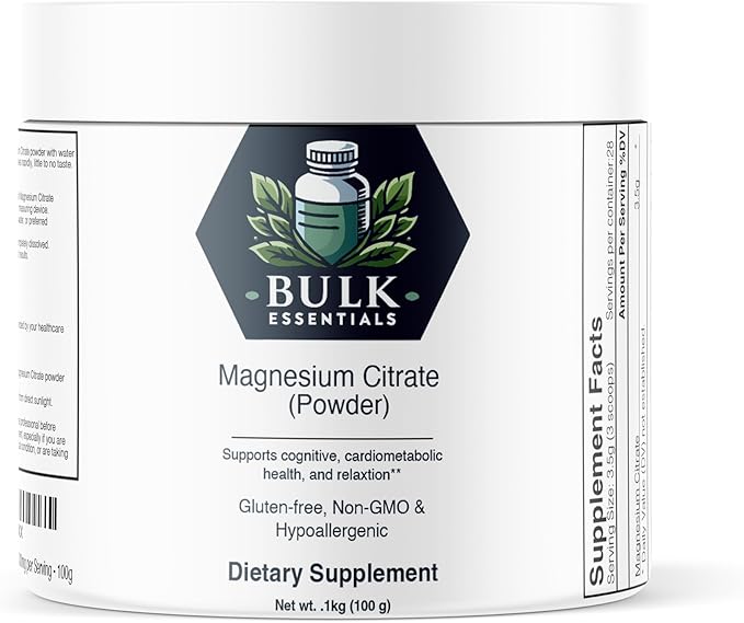 Pure Magnesium Citrate Powder – Unflavored 100g Supplement for Muscle, Heart & Digestive Support – USA Made, Free from GMO & Gluten – Magnesio 3.5g Per Serving