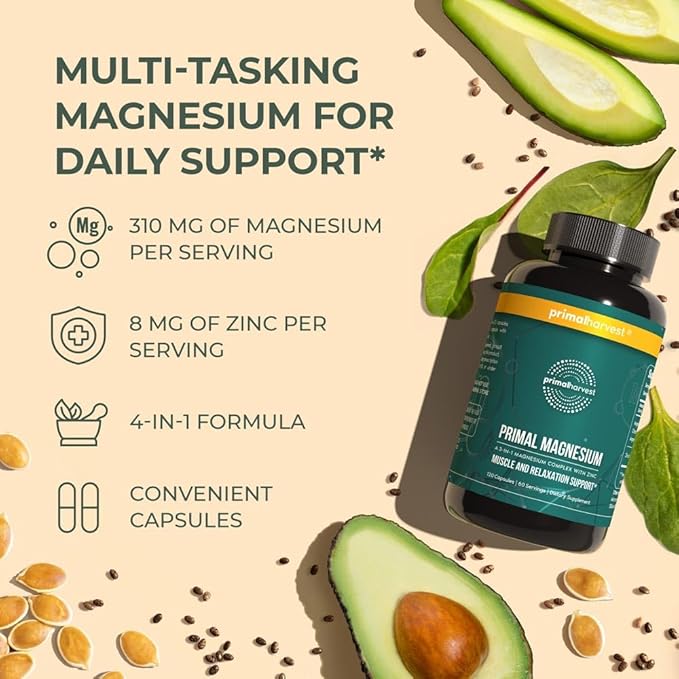 Primal Harvest Magnesium Supplement Complex 310mg by Primal Harvest with Magnesium Glycinate, Citrate, Malate, and Zinc 2 Pack, 120 Capsules