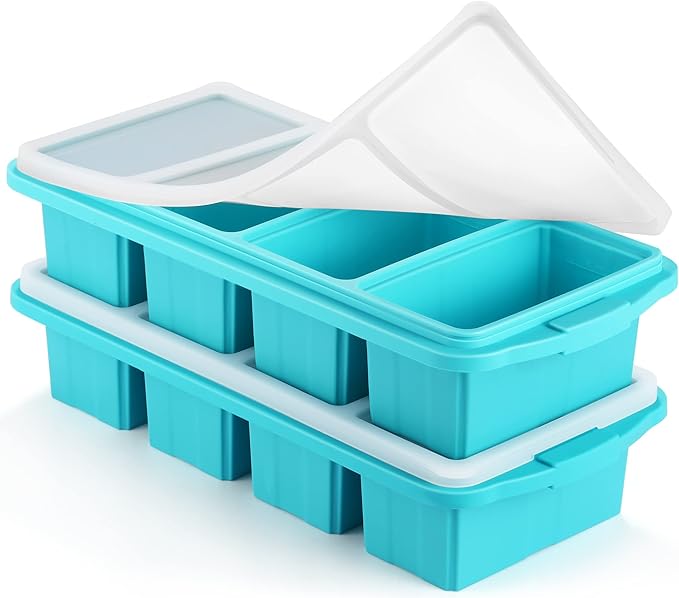 Ztomine Silicone Freezer Tray With Lid - Silicone Freezer Food Molds- Large Ice Cube Tray,Silicone Freezer Container,Freeze & Store Soup, Sauce, Broth,Leftovers - Makes 4 Perfect 1 Cup