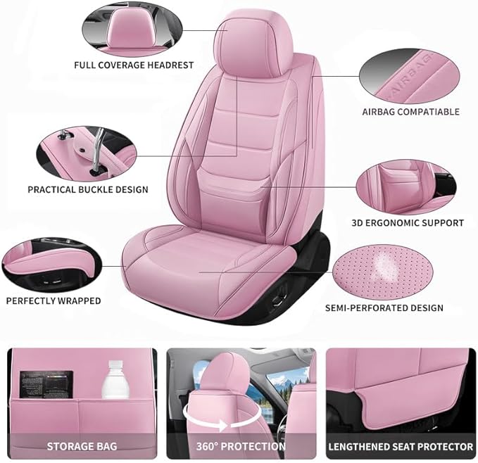 Car Seat Covers Full Set Custom Fit for Mercury Sable 1995-2009 - Premium Leather with Lumbar Support, Breathable, Anti-Slip & Excellent Seating Experience (Pink, Full Set)
