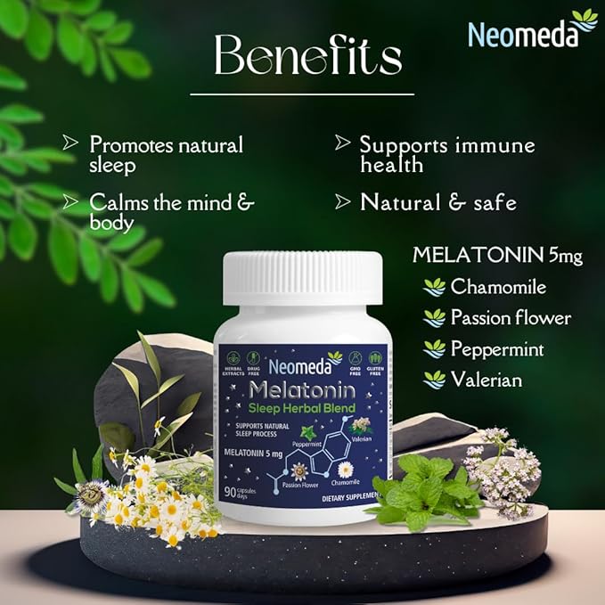 Melatonin Sleep Herbal Blend - Natural Sleep Aid for Adults with 5mg Melatonin & Sleep-Promoting Herbs - Drug-Free, Non-Habit Forming Sleep Supplement, 90 Capsules, 90-Day Supply