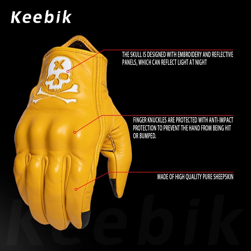 Goatskin Leather Motorcycle Motorbike Powersports Racing Gloves Reflective Skull Touchscreen for Men and Women Model