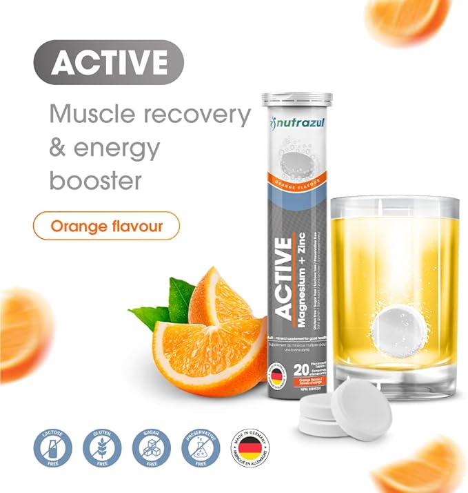 Nutrazul Active Magnesium and Zinc Effervescent Tablets | 20 Tablets | Magnesium Supplements for Muscle Recovery & Electrolyte Balance | Orange Flavor