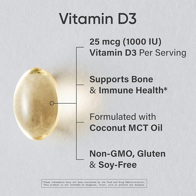 Sports Research Vitamin D3 1000iu (25mcg) Infused with Coconut Oil ~ Immune & Bone Support ~ Non-GMO Verified, Soy & Gluten Free (360 Mini Liquid Softgels)