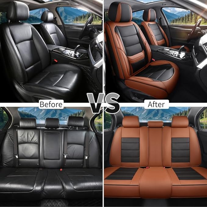 Car Seat Covers Full Set Custom Fit for Saturn ION 2003-2010-Luxury Leather with Lumbar Support, Breathable, Waterproof, Anti-Slip, Durable, Easy to Install (BlackBrown,Full Set)