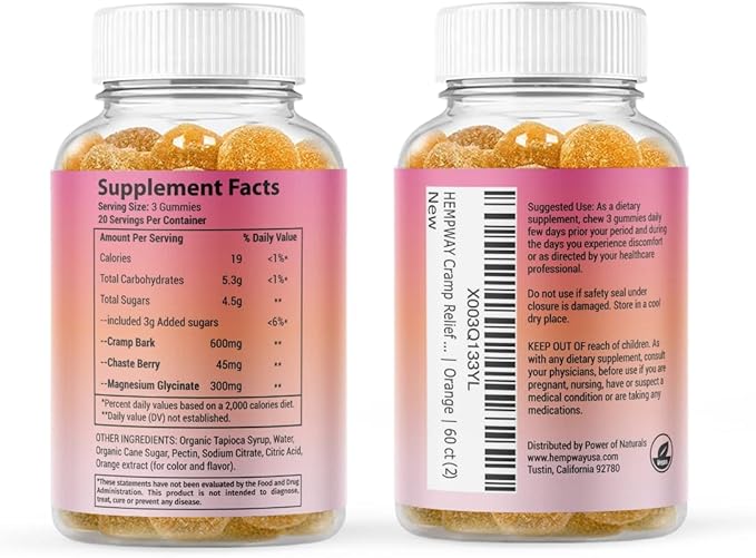 Menstrual Gummies for Women May Help Support Bloating, Period Relief | Plant-Based | Cramp Bark, Magnesium, Chaste Berry | Vegan | Orange 60ct