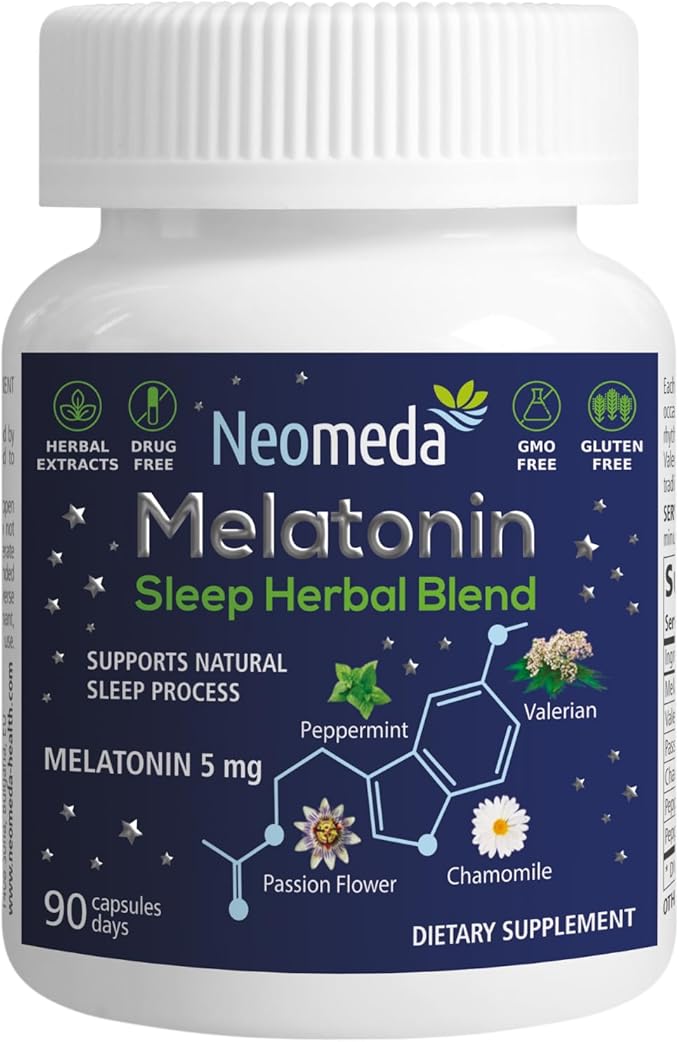 Melatonin Sleep Herbal Blend - Natural Sleep Aid for Adults with 5mg Melatonin & Sleep-Promoting Herbs - Drug-Free, Non-Habit Forming Sleep Supplement, 90 Capsules, 90-Day Supply
